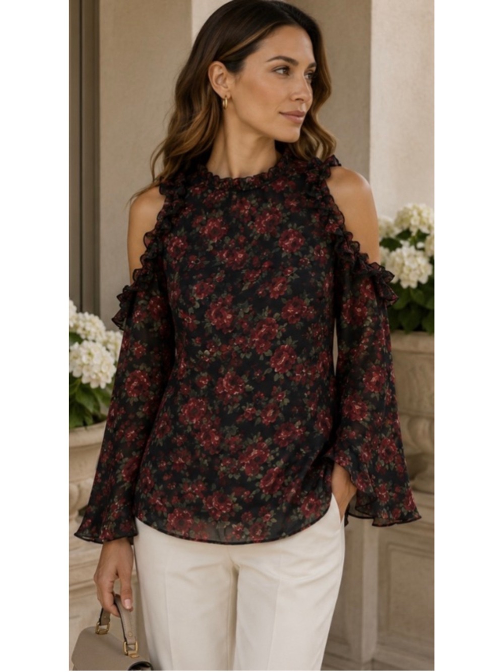 Iro Jeans Floral Cold Shoulder Blouse Size FR 34/US XS-S Black Red
